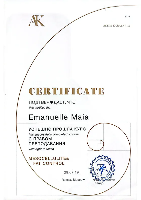Certificado de Mesocellulite and Fat Control emitido pela AK Academy em Moscou, com direito de ensinar