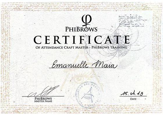 Certificado de formação Craft Master no método PhiBrows, emitido pela PhiAcademy em Belgrado