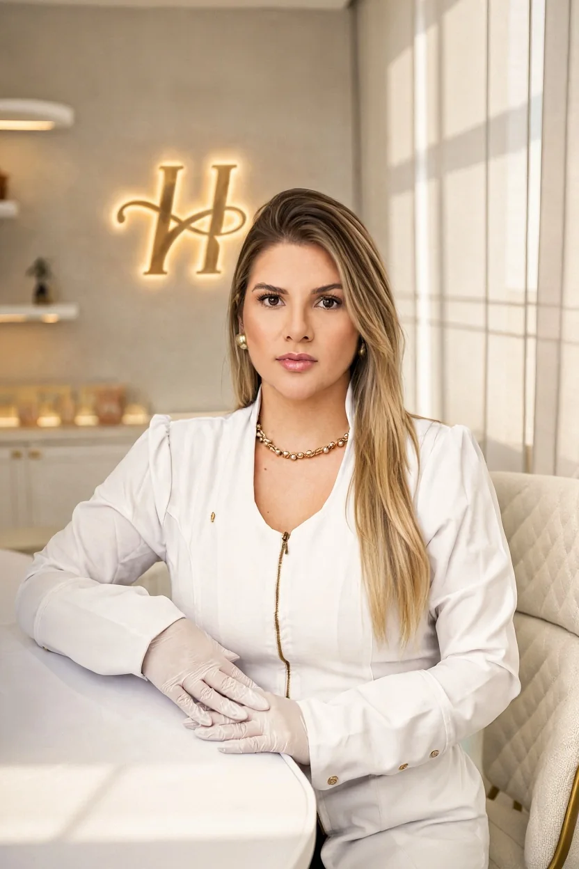 Dra. Manu Maia, Biomédica Esteta, de jaleco branco na Harmonelle Clínica, em Blumenau